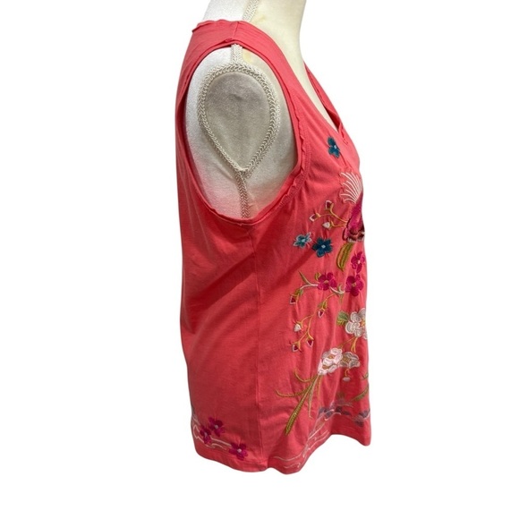 Johnny Was XS Embroidered Celina Tank Top Raw Edge V-Neck Peacock Floral Coral - Picture 7 of 14